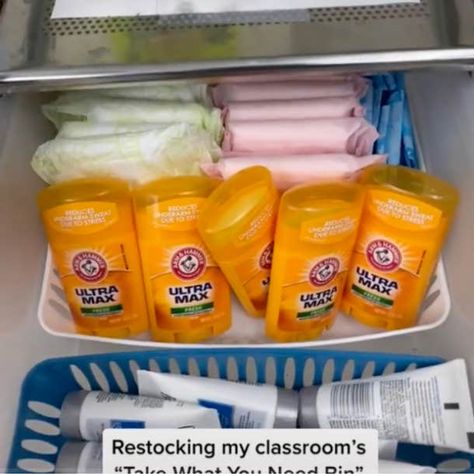 Teacher Stocks Her 'Take What You Need Bin' In Her Classroom So Students Can Get Vital Supplies Their School Fails To Provide Take What You Need Classroom, Classroom Take What You Need, Hygiene Station Classroom, Classroom Care Station, Classroom Cleaning Supplies, Care Closet Classroom, Take What You Need Station, Student Supply Station, Teacher Bathroom Ideas