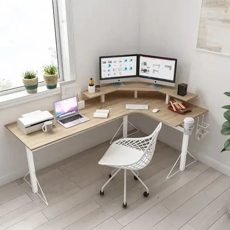 Top 28 Computer Desk Designs 2024: Transform Your Workspace Now - placeideal.com Gaming Corner, Studio In Casa, L Desk, L Shape Desk, Shaped Desk, Office Guest Room, Computer Gaming, Monitor Stand, L Shaped Desk