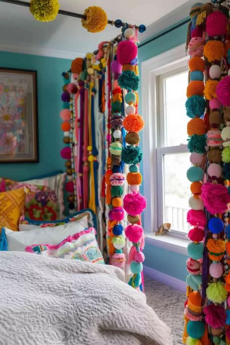 Playful colorful pom-pom curtains add whimsy and a pop of color to boho bedrooms. Fun and light-hearted, they brighten any space. Tap to see more whimsical curtain ideas! #InteriorInspo #HomeInspiration #DecorInspiration #HomeDecor #HomeIdeas #DecorTips #HomeStyle #HomeDecorating #InteriorDesign #HouseGoals Mexican Cabin, Maximalist Bedrooms, Cortinas Boho, Pom Pom Curtains, Quirky Kitchen, Girly Apartment Decor, Backyard Seating, Maximalist Decor, Curtain Ideas