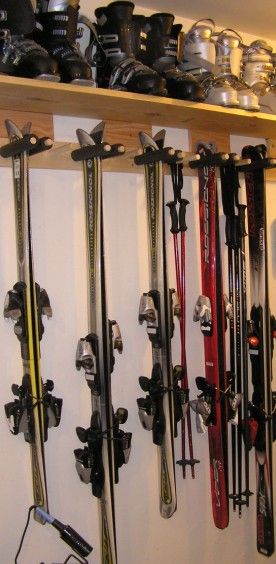 Greengate Ranch Remodel: Quick and Dirty Ski Rack for the Garage Ski Rack Garage, Boot Shelf, Ski Room, Garage Organisation, Garage Floor Paint, Ski Rack, Ranch Remodel, Garage Organization Diy, Garage Remodel