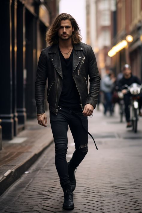 Handsome guy walking in street with long hair, wearing a leather jacket. Male Hairstylist Outfits, Long Hair Men Outfit, Bad Boy Aesthetic Outfits Men, Hair Washing Hacks, Mum Story, Guys With Long Hair, Rocker Aesthetic, Guys Fashion Casual, Guys Fashion