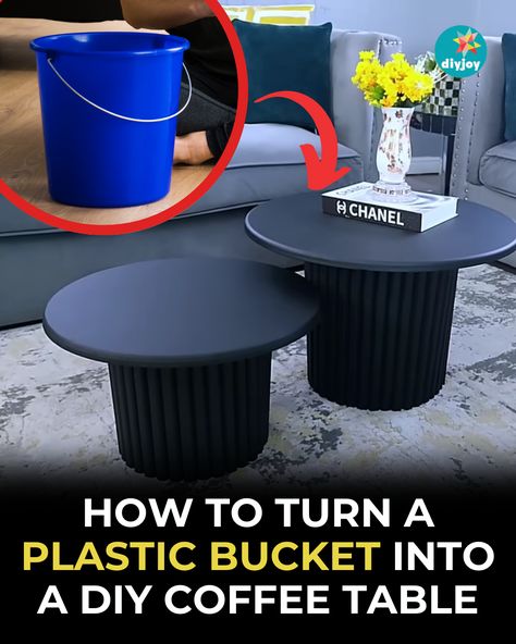 Been wanting this coffee table? You can make it at home using a plastic bucket with this easy DIY tutorial! Bucket Craft Ideas, Bucket Stools 5 Gallon, Decorate 5 Gallon Bucket Ideas, Bucket Upcycle Diy, Upcycle 5 Gallon Bucket, Plastic Bucket Ideas Diy, Bucket Seats Diy 5 Gallon, Paint Bucket Planter Diy, Diy Paint Bucket Ideas