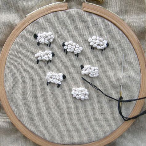 These sheep are such a fun use of the French knot! Diy Embroidery Shirt, Knot Tutorial, French Knot Embroidery, Lambada, Pola Sulam, Embroidery On Clothes, French Knot, Simple Embroidery, 자수 디자인