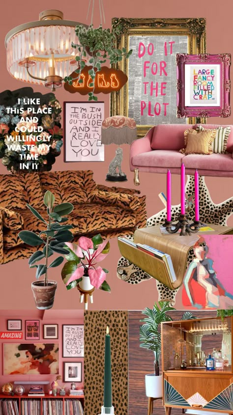 Feminine Boho Decor, Glam Eclectic Decor, Soft Girly Room Aesthetic, Eclectic Bedroom Pink, Funky Boutique Interior, Eclectic Study Room, Leopard Room Aesthetic, Dolly Parton Themed Room, Influencer Room