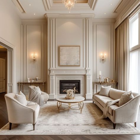 Wainscoting Great Room, Classical Furniture Design, Fireplace Ideas Classic, Molding Around Fireplace, Modern And Traditional House, Classic House Design Inside, French Crown Molding, Modern Classic Fireplace, Molding Living Room