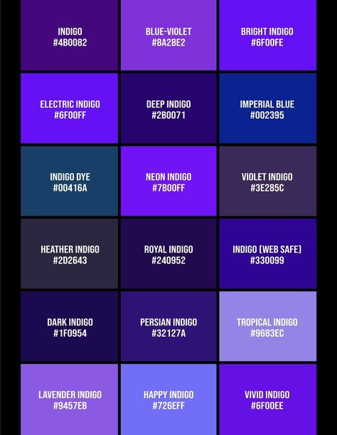 Black Purple Blue Aesthetic, Indigo Colour Palette, All Colours Name, Purple Colour Shades, Pantone Color Chart, Types Of Blue, Draw Tutorial, Purple Room, Dark Blue Purple