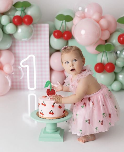 Studio 1st Birthday Pictures, Cherry Theme Photoshoot, Cherry On Top First Birthday, Cherry 1st Birthday Party, Smash Cake Girl Ideas, Cherry First Birthday, Cherry First Birthday Party, Cherry Birthday Party Theme, Cherry Photoshoot