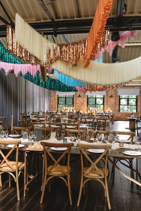 Colourful Wedding Marquee Decoration, Fringe Wedding Decor, Loft Party Decorations, Ribbon Party Decorations, Fringe Ceiling Decor, Streamers Ideas, Disco Reception, Streamers Decorations, Wedding Fringe