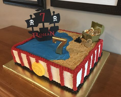 12x12 pirate themed cake Pirate Sheet Cake, Easy Pirate Cake, Pirate Themed Cake, Pastel Rectangular, Pirate Birthday Cake, Pirate Themed Birthday Party, Pirate Themed Birthday, Bday Party Kids, 5th Birthday Party Ideas