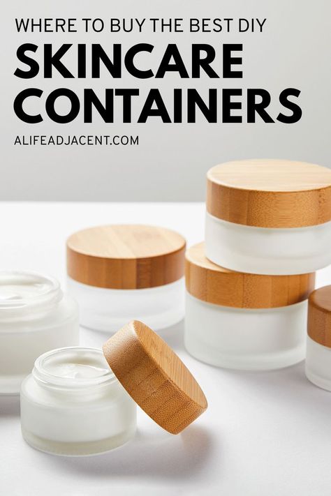 Photo of DIY skin care containers – frosted glass jars with bamboo lids stacked on top of each other. Text overlay: where to buy the best DIY skincare containers. How To Make Your Own Soap Natural, Herbal Products To Sell, Diy Personal Care Products, How To Make Skincare, Homemade Products To Sell, Diy Beauty Products To Sell, Diy Self Care Products, Organic Skin Care Packaging, Organic Skincare Packaging