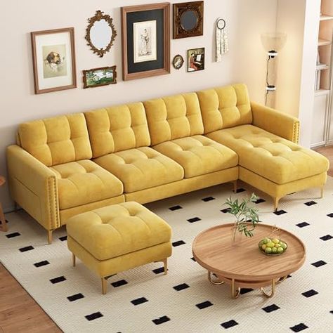 $288.99; P PURLOVE Velvet Modern Large Sectional Sofa, U Shape Upholstered Couch with Chaise, Convertible Sofa Couch with Movable Ottoman for Living Room Apartment (Yellow) Funky Couch, Ottoman Green, Funky Living Rooms, Yellow Couch, Large Sectional Sofa, U Shaped Sectional Sofa, Couch With Chaise, Large Sectional, Upholstered Couch