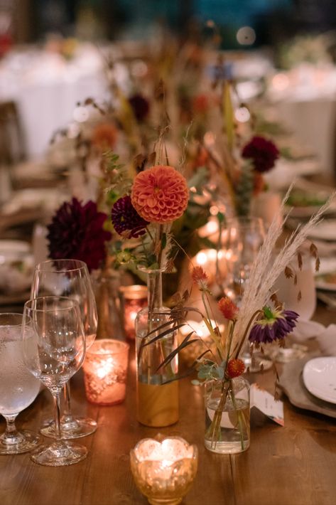 Fall Farm Table Wedding, Wildflower Wedding Vases, One Flower Vase Wedding, Amber Bottle Centerpiece, Pampas Grass Bud Vase Centerpiece, Dried Flowers Wedding Centerpieces Fall Arrangements, Terracotta Wedding Bud Vases, Fall Flower Table Centerpieces, Fall Wedding Farm Table Decor