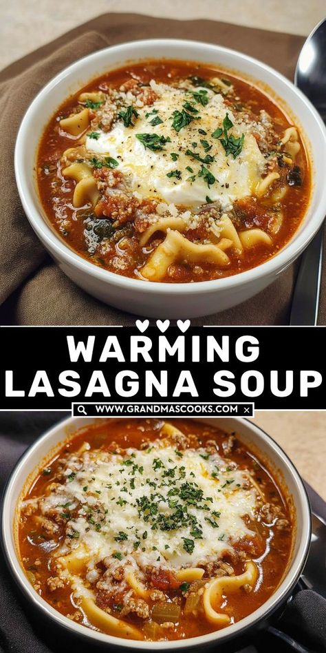 Warm up with a bowl of this flavorful Lasagna Soup! Loaded with pasta, ground beef, and all the classic lasagna flavors, it’s the perfect comfort food for any night of the week. Lasagna Soup Macy Blackwell, Soups Recipes Lasagna, Lasagne Soup Recipe Ground Beef, Skinnytaste Lasagna Soup, Ground Beef And Noodle Soup, Lazania Soup Recipe, Beef And Pasta Soup, Easy Lasagna Soup Crockpot, Soup With Ground Beef And Pasta