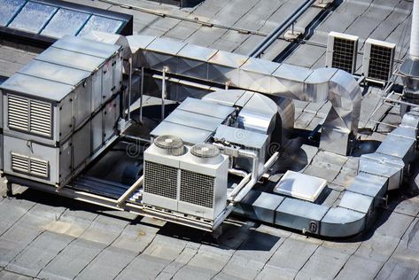 HVAC - heating ventilation and air conditioning system on building rooftop. HVAC #Sponsored , #AD, #ad, #heating, #air, #building, #ventilation Industrial Rooftop, Building Rooftop, Hvac System Design, Roof Cap, Ac Service, Air Conditioning Services, System Design, Hvac System, Air Conditioning System