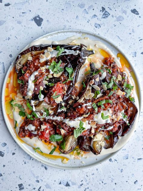 Aubergine With Saucy Harissa Lentils and Whipped Tahini Harissa Lentils, Lentil Ragu, Roasted Aubergine, Healthy Beans, Tahini Recipe, Casual Dining Restaurant, Tahini Sauce, Healthy Veggies, Eggplant Recipes