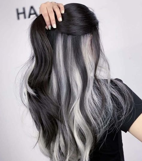 Black And Silver Hair, Black And Grey Hair, Black And White Hair, Two Toned Hair, White Hair Color, Hair Color Underneath, Peekaboo Hair, Gothic Hairstyles, Hair Streaks