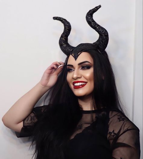 Women’s Halloween Costumes Black Hair, Maleficent With Hair Down, Malificiant Costume, Maleficent Makeup Halloween, Maleficent Costume Women, Black Hair Halloween Costumes Women, Maleficent Hair, Maleficent Costume Diy, Black Hair Halloween Costumes