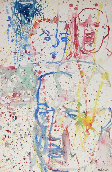 Modernist Paint Splattered Faces in Watercolor, Mid-Century San Francisco Art Museum, Sustained Investigation, Paper Portrait, Beach Artist, San Francisco Art, Yellow Paint, Paint Splatters, Art Face, North Beach