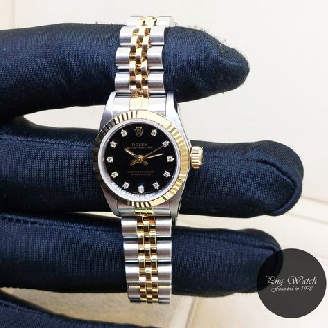 Rolex 24mm 18K Half Gold Black Vignette Diamonds Dial Oyster Perpetual REF: 67193 (S Series)! Rolex 26mm, Big Diamonds, Ingredients List, Big Diamond, Oyster Perpetual, Rolex Watches, Gold Black, Cali, Rolex