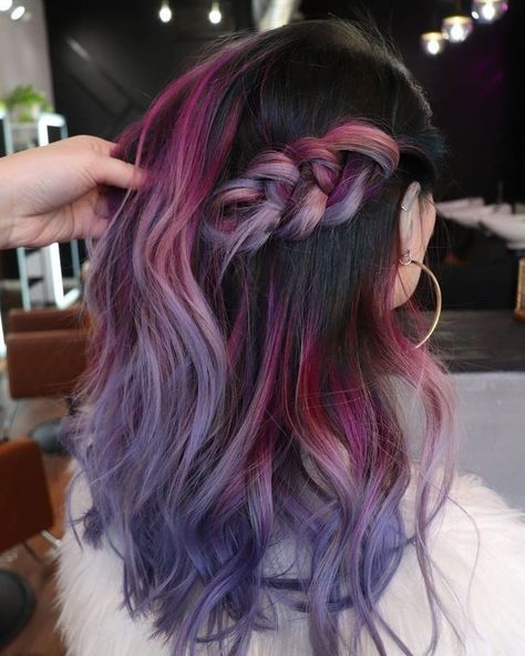 Latinas With Colored Hair, 2023 Vivid Hair Trends, Color Block Purple Hair, Dark Fun Hair Color Ideas, Fun Hair Ideas For Brunettes, Colorful Bayalage Hair, Vivid Color Balayage, Fun Color Balayage Hair, Unique Dyed Hair Color Trends