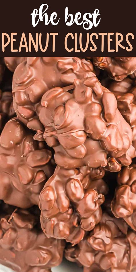 Homemade chocolate peanut clusters are a simple and yummy holiday dessert made with just 3 ingredients! Add these to your Christmas baking list. Chocolate Peanut Candy Clusters, Easy Chocolate Candy, Sweet And Salty Christmas Treats, Peanut Clusters With Peanut Butter, Chocolate Peanuts Clusters, Peanut Clusters Easy, Peanut Chocolate Clusters, Crockpot Chocolate Peanut Clusters, Crockpot Peanut Clusters