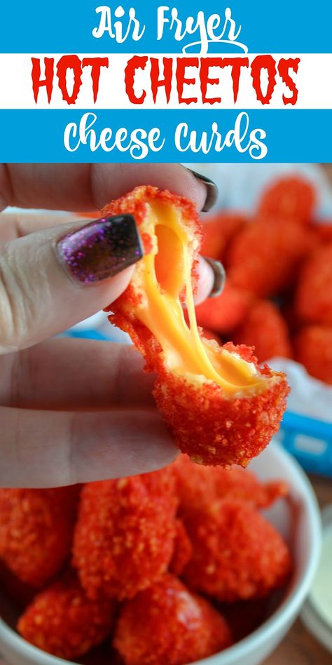 Everybody loves Hot Cheetos - they're crazy hot and just plain fun to eat! Fried cheese curds are one of my favorite snacks. So then I thought - why not put them together?! Yes!! And I love my air fryer - and got the perfect timing down for these melty cheesy nuggets of goodness! Copycat Applebees, Cheetos Recipe, Deep Fried Deviled Eggs, Cheetos Cheese, Cheese Bites Recipe, Fried Deviled Eggs, Fried Cheese Curds, State Fair Food, Fried Cheese