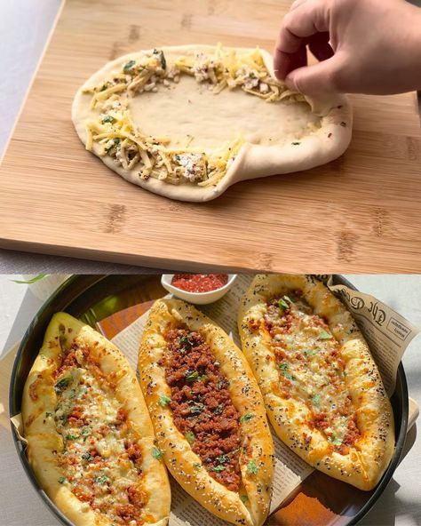 Savory Meat-Stuffed Bread Rolls - Greenku Recipes Meat Stuffed Bread, Health Chicken Recipes, Filled Bread, Food Turkish, Turkish Pide, Chili Cheese Dog Casserole, Turkish Pizza, Savoury Bakes, Middle Eastern Food