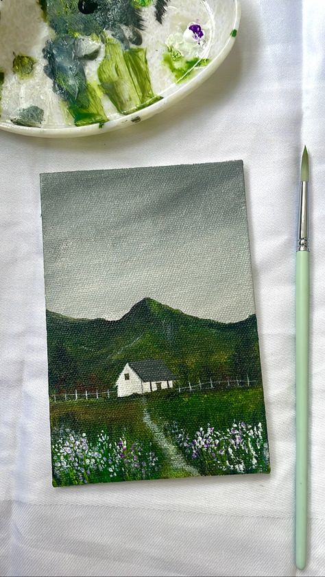 Cottage Core Painting, Rainy Landscape, Cottagecore Painting, Canvas Aesthetic Painting, Painting With Acrylics, Easy Landscape Paintings, Canvas Aesthetic, Arte Van Gogh, Small Canvas Paintings