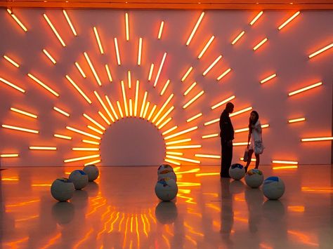 Mark Handforth installation at Perez Museum of Art #orange #sun Sunset Installation, Sun Installation, Window Display Design, Church Stage, Orange Art, Salou, Light Sculpture, Cafe Interior Design, Stage Lighting