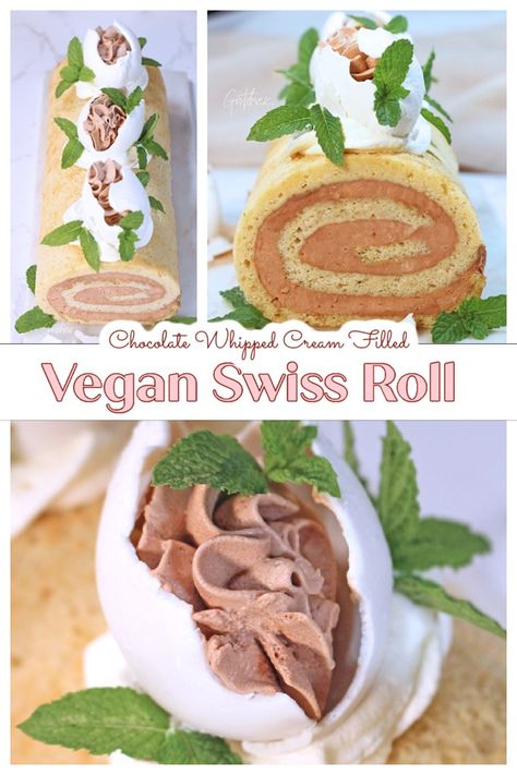 Swiss Vanilla Cloud Roll - Gretchen's Vegan Bakery Roll Cakes Recipe, Vegan Swiss Roll, Easter Cake Roll, Vegan Ganache Recipe, Vegan Sweetened Condensed Milk, Vegan Ganache, Sweetened Condensed Milk Recipes, Spiced Whipped Cream, Roll Cakes