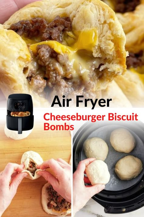 These 5-ingredient air fryer biscuit bombs have all the mouthwatering flavors of a bacon cheeseburger wrapped up in a flaky biscuit. Ground beef is seasoned with Montreal steak seasoning and combined with chopped bacon to create the perfect filling. Topped with melty Am... Filled Biscuit Recipes, Hamburger Meat Recipes Easy Air Fryer, Ground Beef In The Air Fryer, Cheeseburger In Air Fryer, Air Fryer Recipes With Biscuit Dough, Cheese Burger Biscuits, Pillsbury Air Fryer Recipes, Easy Meals In Air Fryer, Hamburger Meat Air Fryer Recipes