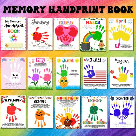 This printable Handprint Memory Book is the perfect keepsake for preschoolers, kindergarteners, and 1st graders! Kids will love completing this book!  Each month includes a cute themed poem! It comes with a cover where you can write the child's name, two versions for April (one with Easter and one without), and two versions of December (one for Christmas and one for Hannukah).  ◈ IMPORTANT NOTE  - This is digital files only therefore, no items will be physically shipped to your home. - I cannot Handprint Memory Book, 1st Grade Crafts, Handprint Calendar, Infant Classroom, Prek Classroom, Keepsake Crafts, Baby Handprint, December Holidays, Daycare Activities