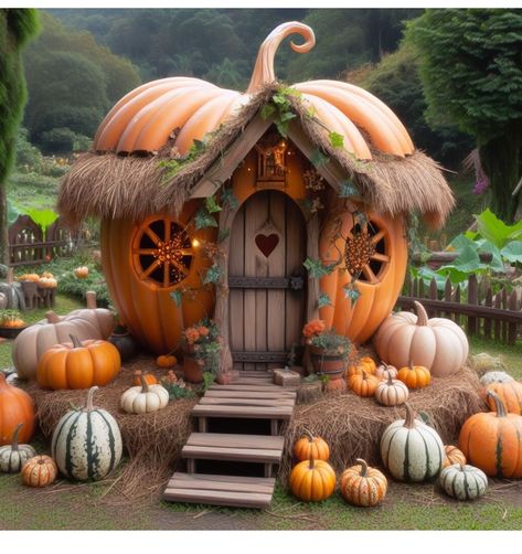 Pumpkin Hobbit House, Hobbit House Pumpkin Carving, Pumpkin House Carving Ideas, Fall Fairy Garden Ideas, Pumpkin Fairy Garden, Pumpkin Fairy House Diy, Pumpkin House Carving, Fairy Pumpkin Carving, Fairy House Pumpkin