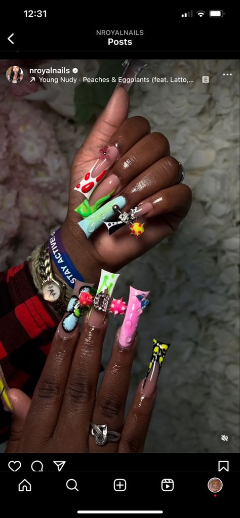 Rockstar Nail Designs, Colorful Croc Nail Design, Chrome Duck Nails Acrylic, Long Acrylic Nails Croc Print, Rockstar Nails Acrylic, Long Junk Nails, Long Exotic Nail Designs, Trippie Red Nails Acrylic, Colorful Duck Nails Acrylic