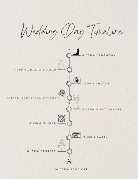 Simple Wedding Reception Program Ideas, Wedding Timeline Cards For Guests, Wedding Invitations With Timeline, Invitation Timeline Wedding, Wedding Iterinary, Wedding Idea Invitation, Wedding Timeline Cards, Wedding Invite Information, Evening Wedding Schedule