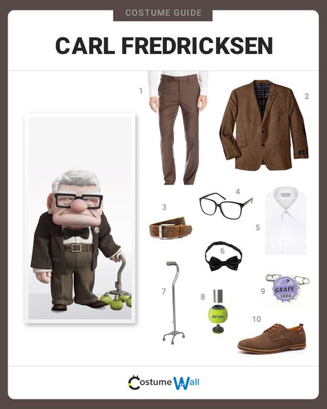 Senior Citizen and protagonist in the Disney movie Up, Carl Fredricksen is a lovable grouch and a worthy cosplay choice. Disfraz Up, Carl Costume, Disney Cosplay Ideas, Costume Wall, Disney Movie Up, Characters Cosplay, Carl Fredricksen