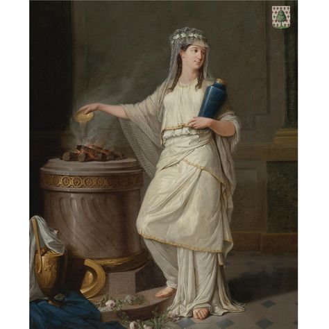 Jean François Sablet (Morgen, Vaud 1745 - Nantes 1819). Vestal virgin before a burning altar. Painted in 1781.  69 by 56 1/4 in. Pablo Emilio Escobar, Vestal Virgin, Goddess Of The Hearth, Roman Characters, Concept Fashion, Eros And Psyche, Greek Paintings, Regency Era Fashion, Era Fashion