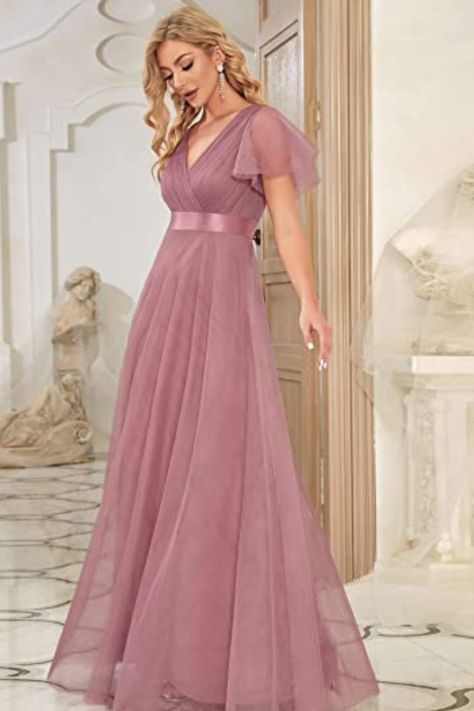 proom dress, front wrap, flutter sleeves, lined, floor length bridesmaid dress Unique double V-Neck with ruched bust design make this bridesmaid dress flattering and gorgeous Perfect for bridesmaid dress, wedding party, wedding guest dress, mother of the bride, evening party, black-tie event.etc Ever-Pretty gives you stylish and affordable dresses with unique design. You deserve this beautiful bridesmaid dress for almost all casual or semi-formal occasions, remember not only wear it for once! Tulle Bridesmaid Dresses, Short Sleeve Bridesmaid Dress, Mesh Bridesmaids Dress, Tulle Bridesmaid, Bridesmaid Dresses With Sleeves, Elegant Bridesmaid Dresses, Tulle Bridesmaid Dress, Burnt Orange Dress, Tulle Evening Dress