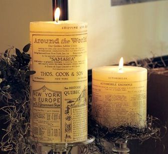 Printed candle Music Newspaper, News Print, Candle Tutorial, Candle Projects, Yellow Candles, Printed Candles, Halloween Candle, Pottery Barn Inspired, Candle Ideas