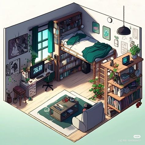 Room Digital Art, Isometric Art Bedroom, Isometric Room Drawing, Isometric Dorm Room, Cozy Isometric Room, Isometric Bedroom 3d, Isometric 3d Room, Interior Concept Art, Loft Bed Plans