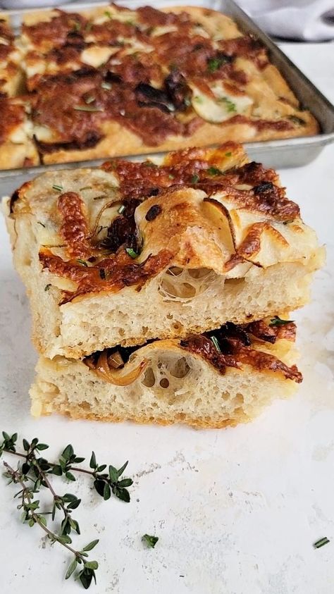 Roasted Garlic, Potato and Caramelized Onion Focaccia - Simple Cooking with Pep Potato Focaccia, Onion Focaccia, Simple Baking, Focaccia Bread Recipe, Onion Bread, Garlic Roasted Potatoes, Focaccia Recipe, Baking Videos, Roasted Onions