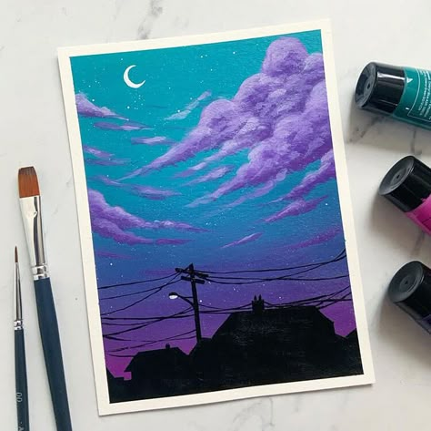 Check out these watercolor sky painting ideas. This painting is of a blue and purple night sky. There are watercolor clouds too. Sky Painting Ideas, Kitty Painting, Poster Color Painting, Purple Night, Purple Painting, Sky Art Painting, Watercolor Clouds, Watercolor Sky, Posca Art