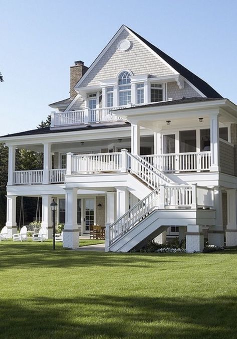 Bedroom Deck Ideas Balconies, Ranch Beach House, House Front Entrance, Pool Backyard Design, Entertainment House, River House Ideas, Four Square Homes, Massachusetts Home, Tiny Cottages