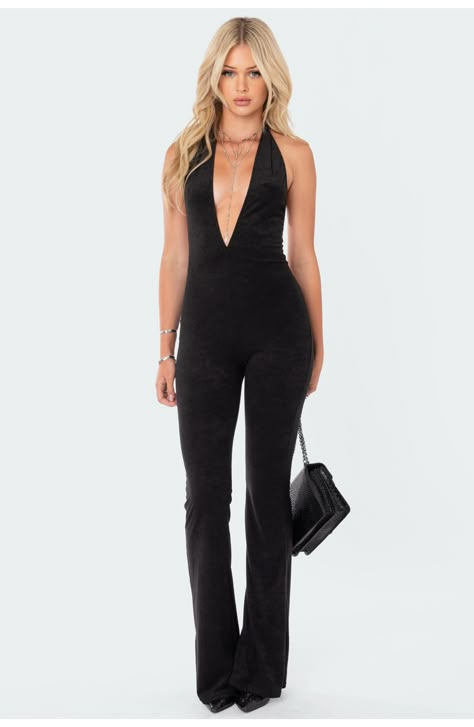 Make a striking impression in this plunge-neck jumpsuit crafted from rich velvet with an open back and wide hems. Plunge neck Halter neck Polyester/spandex Machine wash, tumble dry Imported 60s Inspired Outfits, Sparkly Jumpsuit, Disco Jumpsuit, Open Back Jumpsuit, Fitted Romper, Velvet Jumpsuit, Fitted Jumpsuit, Backless Jumpsuit, Jumpsuit Outfit