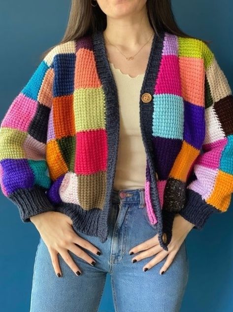 (Tunisian Crochet) Multicolor Patchwork Cardigan for Women FEATURES: Sleeve Length: 40 cm Length: 56 cm Front Width: 62 cm Back Width: 54 cm MODEL MEASUREMENTS: Height: 168 cm Breast: 80 cm Waist: 67 cm NOTES: If you have any questions about the order, we would gladly assist you. #crochet #crochetideas #crochetdesign Crochet Sweater Free, Crochet Cardigan Pattern Free, Gilet Crochet, Crochet Sweater Pattern Free, Multicolor Sweater, Patchwork Cardigan, Easy Crochet Patterns Free, Pull Oversize, Cardigan Design