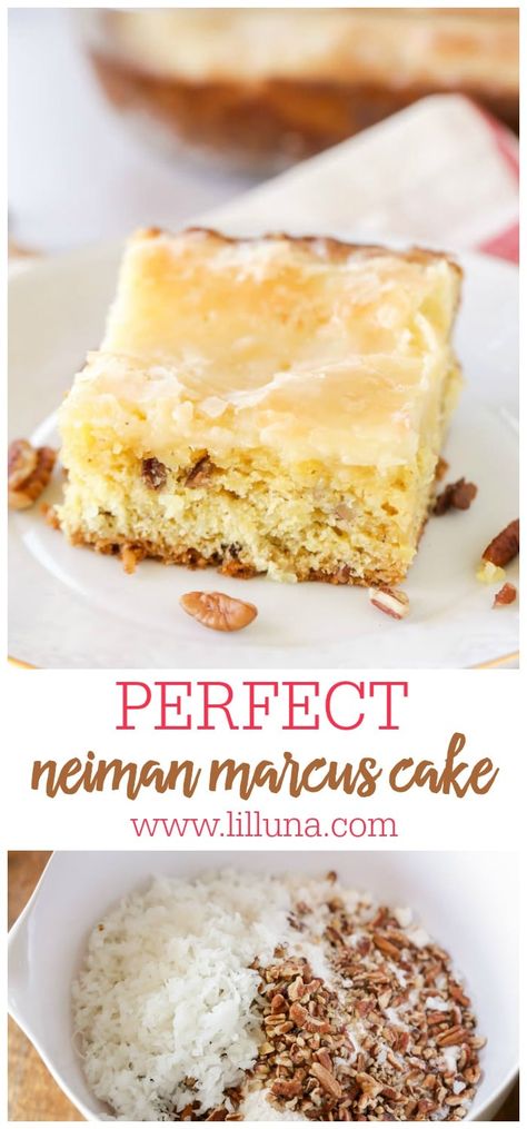 A delicious and rich cake with a flavorful crust and creamy batter on top that is butter-y and addicting! The perfect dessert for any occasion. #neimanmarcuscake #neimanmarcuscakerecipe #cakerecipe #neimanmarcus #cake Neiman Marcus Cake, Boxed Cake Mixes Recipes, Cake Mix Desserts, Lil Luna, Rich Cake, Nieman Marcus, Lemon Squares, Slow Cooker Desserts, Sunday Recipes