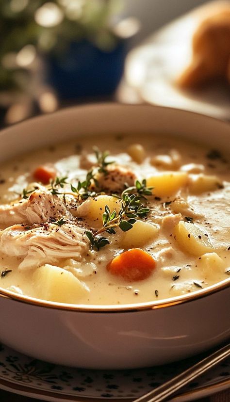 Warm up with this Hearty Chicken Potato Soup, the ultimate comfort food for chilly days! Packed with tender chicken, hearty potatoes, and flavorful veggies, this soup is perfect for fall dinners. Easy to prepare and satisfying, it’s a great addition to your collection of fall recipes. Serve with crusty bread for a complete meal that warms the soul! Soulful Chicken Soup, Creamy Chicken Potato Soup Instant Pot, Potato Soup Photography, Chicken Baked Potato Soup, Chicken Soup Potato, Chicken And Carrot Soup, Potato Soup With Vegetables, Chicken Noodle Potato Soup, Crock Pot Chicken Potato Soup