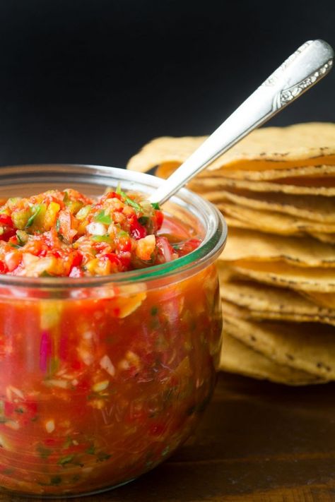 restaurant style roasted red pepper salsa Grammas Recipes, Roasted Pepper Salsa, Red Pepper Salsa, Roasted Red Pepper Salsa, Hors Devours, Red Pepper Recipes, The View From Great Island, Pepper Salsa, Cowboy Caviar