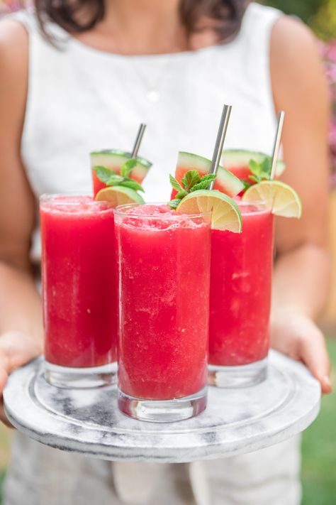 This refreshing Watermelon Slushie Recipe is made with only 4 healthy ingredients! It's easy to make and perfect for a hot summer day. Vegan, Gluten-Free, and Refined Sugar Free #watermelon #healthyslushie #smoothie #summerdrinks #refinedsugarfree #vegan #plantbased via frommybowl.com Watermelon Slushie Recipe, Watermelon Slushie, Salad Quinoa, Fun Summer Drinks, Slushie Recipe, Vegan Drinks, Watermelon Recipes, Watermelon Juice, Delicious Drinks