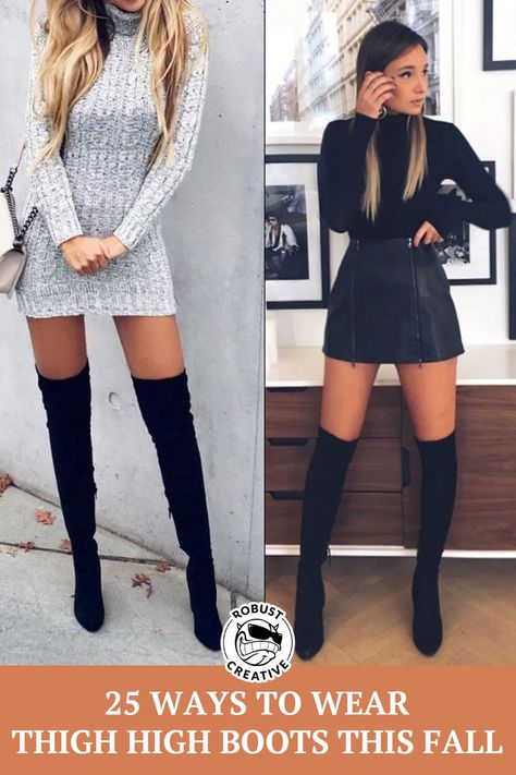 Here are some ideas for the fall outfit. The days are shorter, the temperature gets down, and oftentimes function gets prioritized over fashion. However, a cute pair of thigh-high boots can change all of that, making even the simplest of outfits look trendy! Knit Sweater Dresses If you’re not feeling tights with your sweater dress then don’t freight, because thigh-high boots can solve that. Nothing dresses up a sweater dress more than some cute thigh highs Get The Look:    A Leather Skirt Leath Cute Thigh Highs, High Boots Outfit Fall, Thigh High Boots Outfits, How To Wear Thigh High Boots, Heels Boots Outfit, Thigh High Boots Outfit, Over The Knee Boot Outfit, Fall Boots Outfit, Knee Boots Outfit